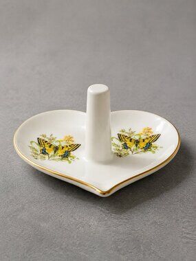 Vintage Heart Shaped Butterfly Ring Holder Porcelain Japan Trinket Dish 4"x3.5"